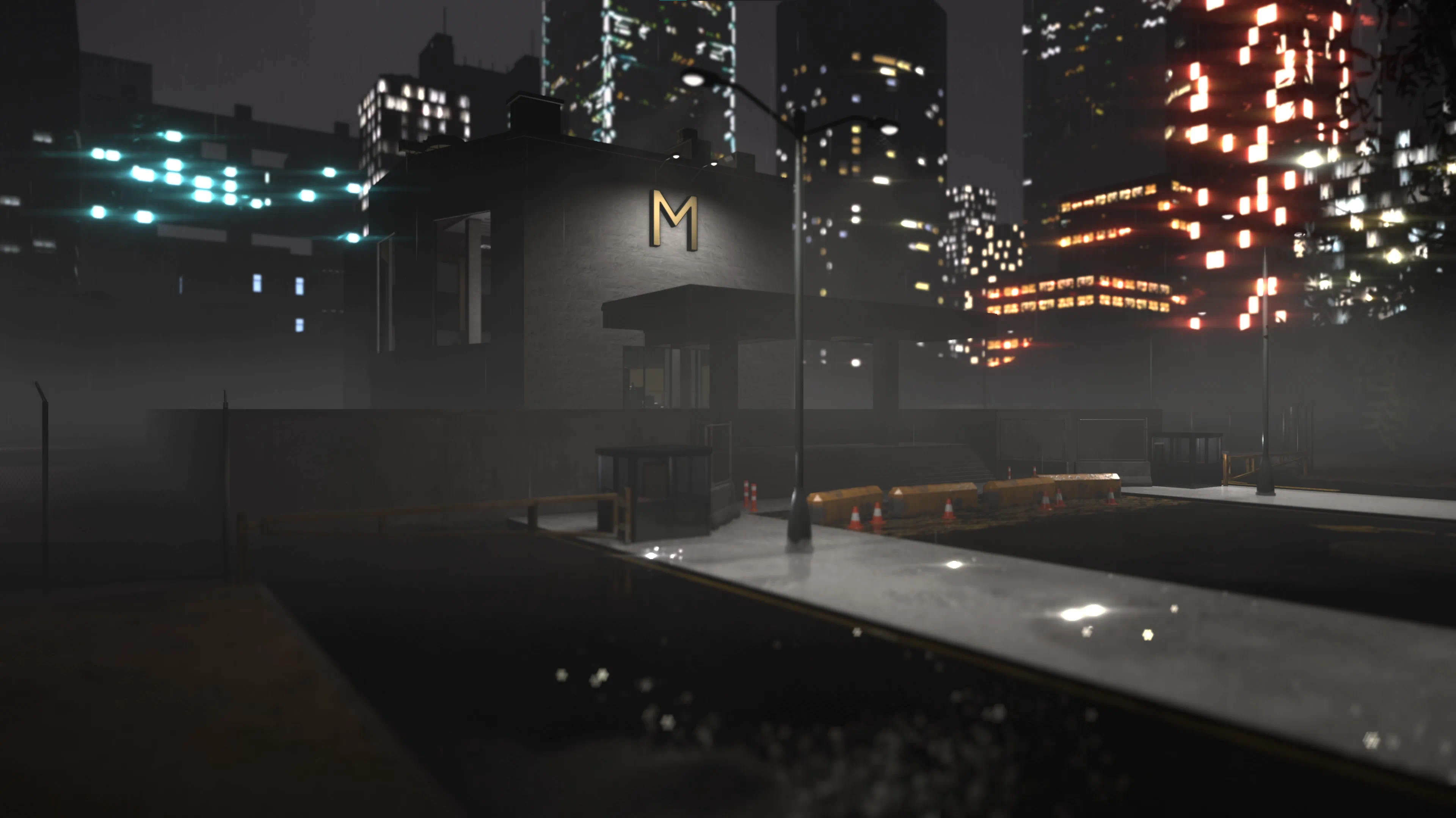 The Midas Corporation facility at night, its gold M lit above the entrance as rain falls across the surrounding city