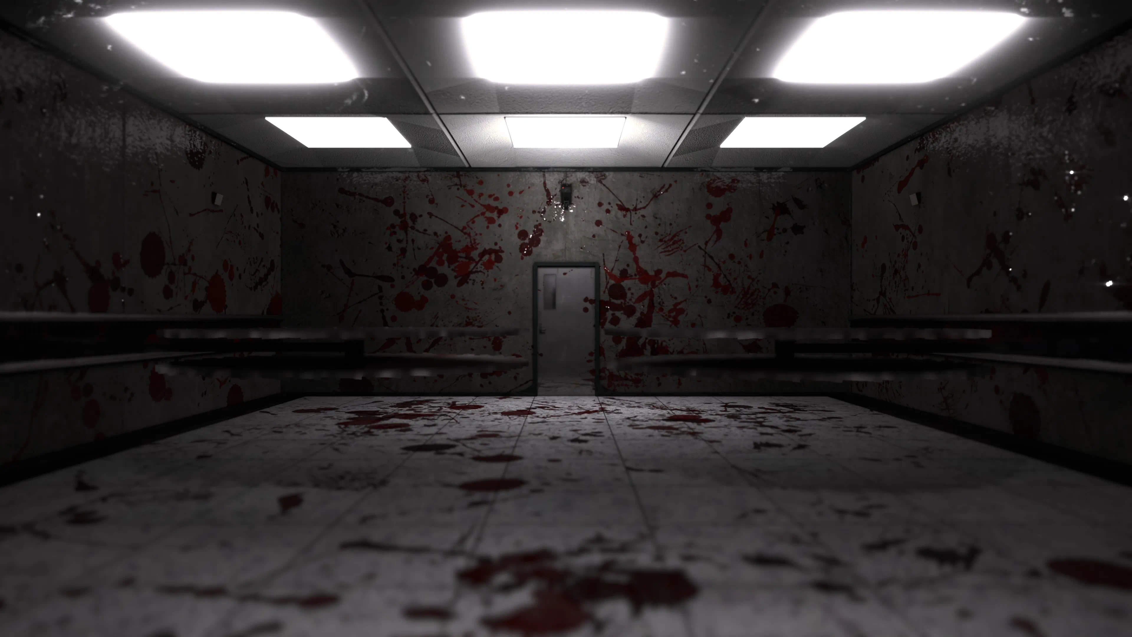 A blood-spattered holding room lined with benches under harsh fluorescent panels, a single door at the far end