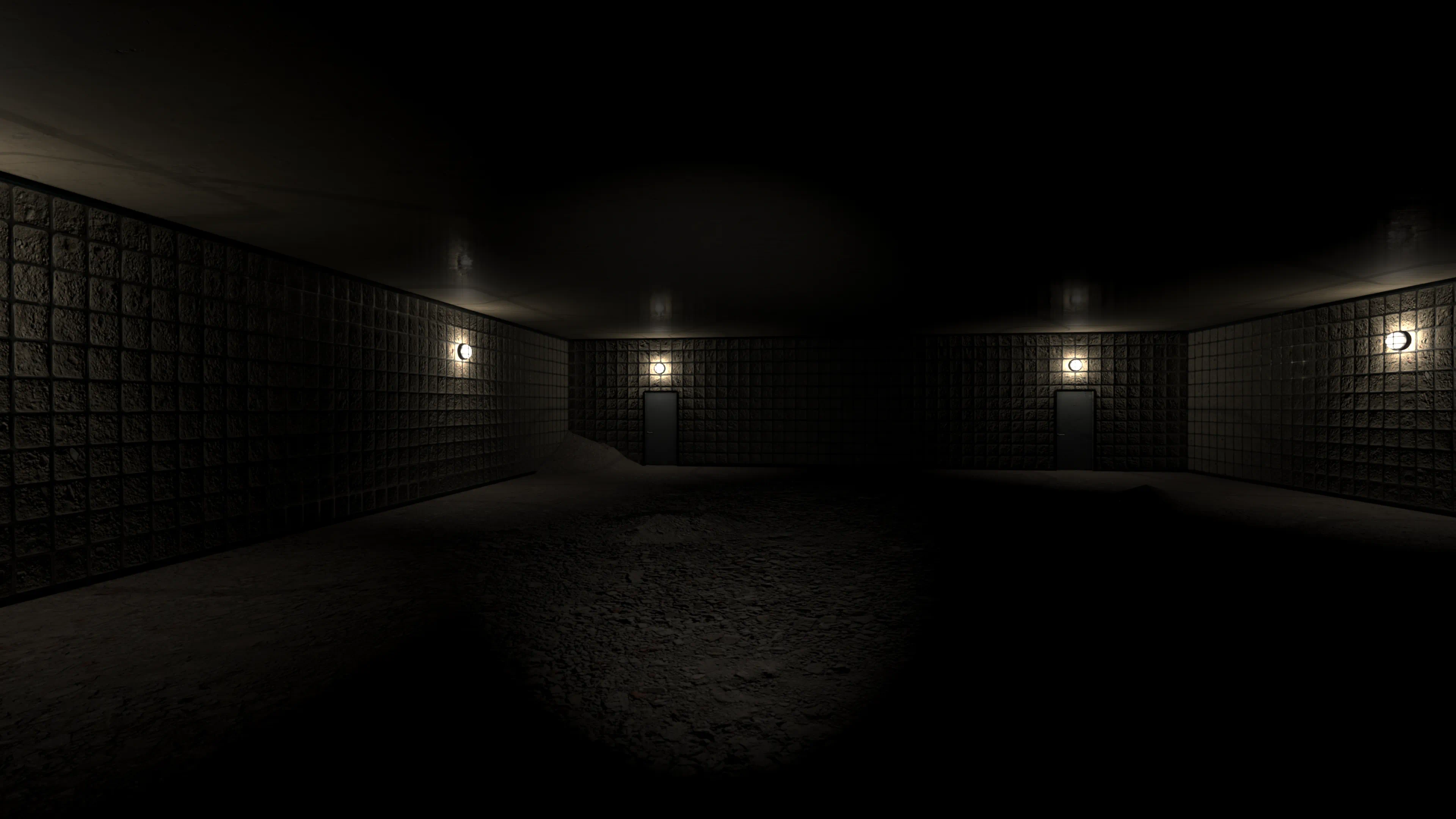 Two identical doors on the far wall of a dark chamber, each lit by a single lamp
