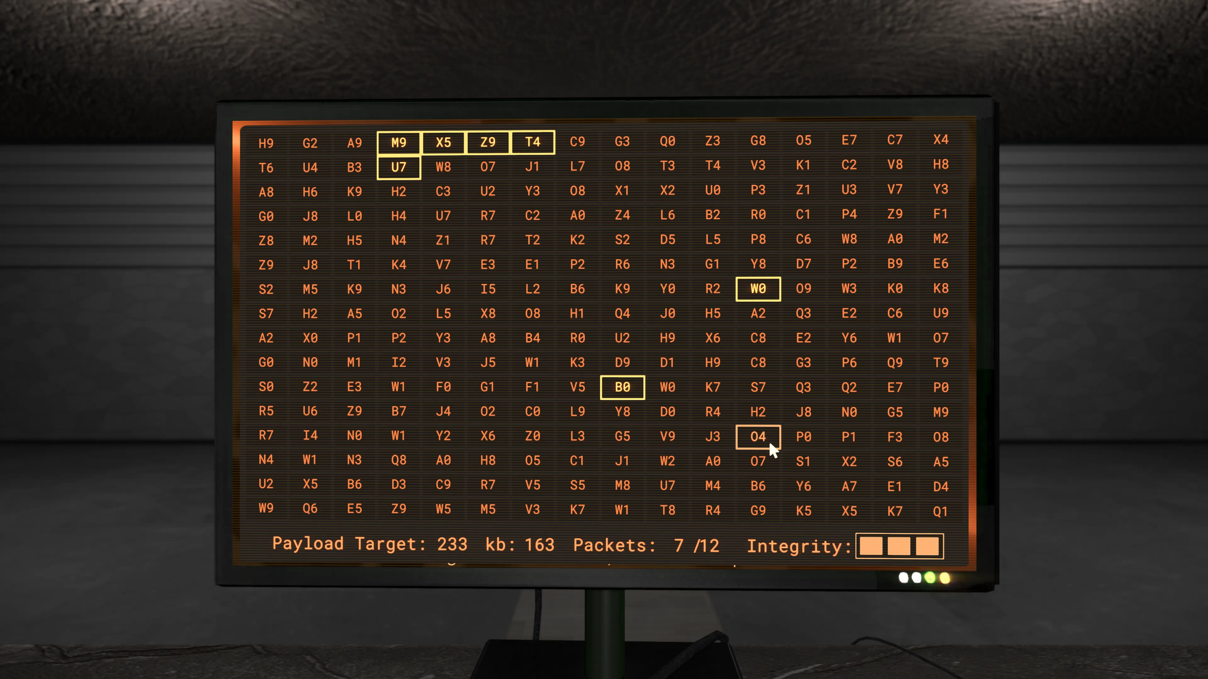 A Midas terminal displaying a grid of codes mid-transfer, tracking payload and packet integrity